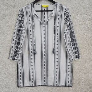 Roller Rabbit Tunic Top Womens Small White Black Striped Embroidered Boho Tassel